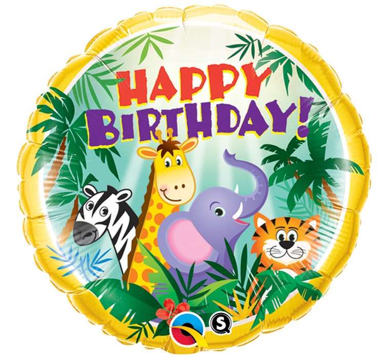 Фольгированный шар 18/46см круглый QL CIR Birthday Jungle Friends