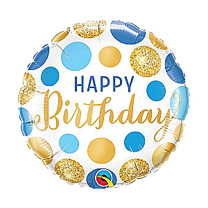 Фольгированный шар  18 QL CR Happy Birthday Blue & Gold Dots