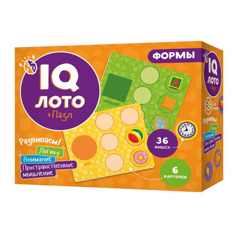 IQ Лото. Формы. 6 карточек 36 фишек.