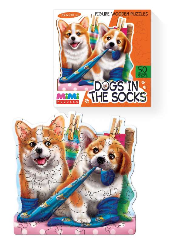 Фигурный деревянный пазл - DOGS IN THE SOCKS