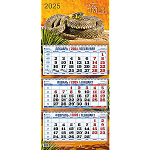 Three-block quarterly wall calendar Year of the Snake 310x680 for 2025