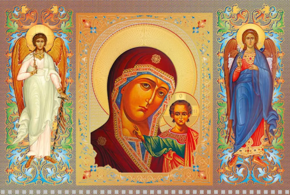 Quarterly three-block Orthodox wall calendar Kazan Icon of the Mother of God 310x680 with gold embossing for 2025