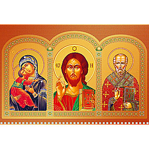 Quarterly three-block Orthodox wall calendar Lord Pantocrator. Mother of God. St. Nicholas the Wonderworker 310x680 with gold embossing for 2025