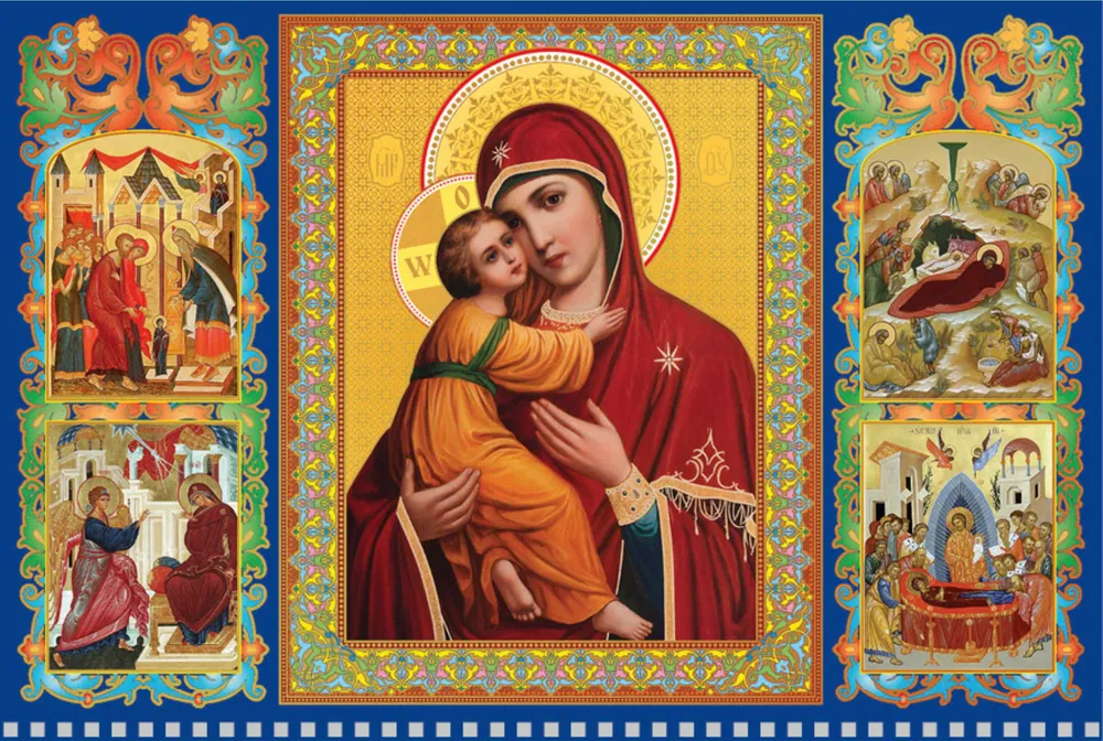 Quarterly three-block Orthodox wall calendar Vladimir Icon of the Mother of God 310x680 with gold embossing for 2025