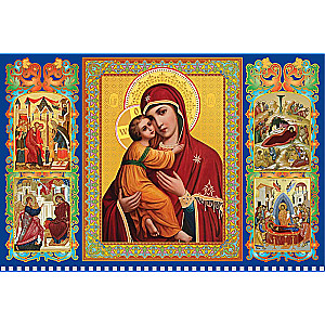 Quarterly three-block Orthodox wall calendar Vladimir Icon of the Mother of God 310x680 with gold embossing for 2025