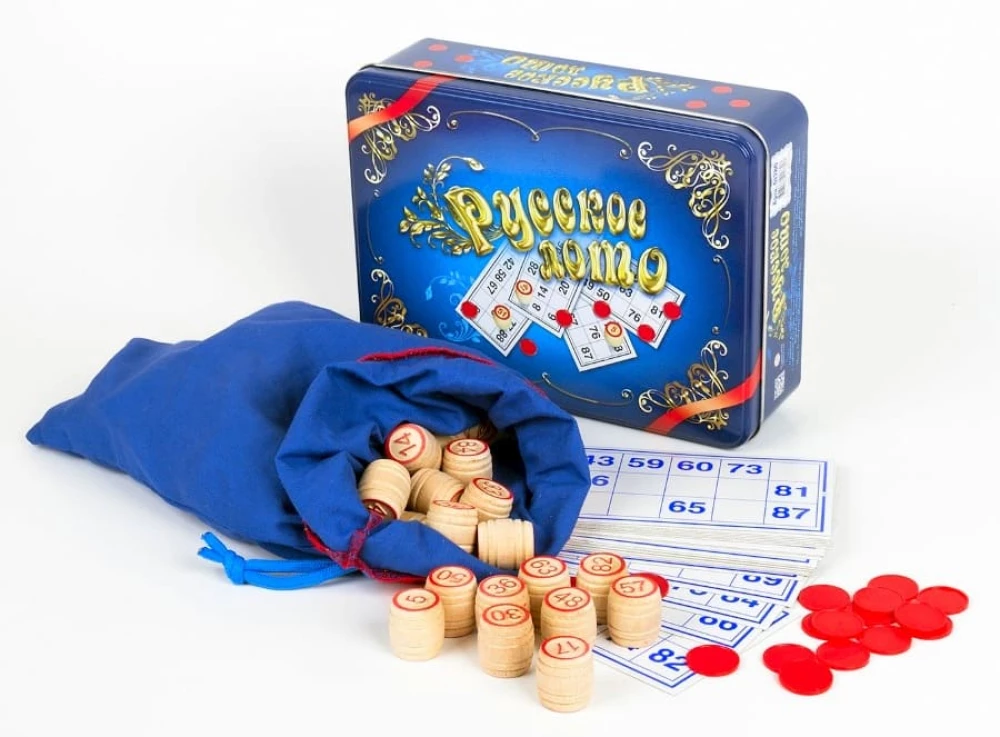 Board game Russian Lotto in a tin box “Blue Casket” with wooden barrels