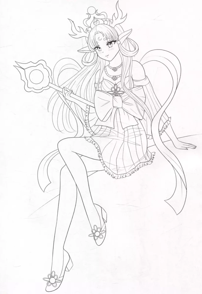 Coloring page Fashion Anime. Magic style