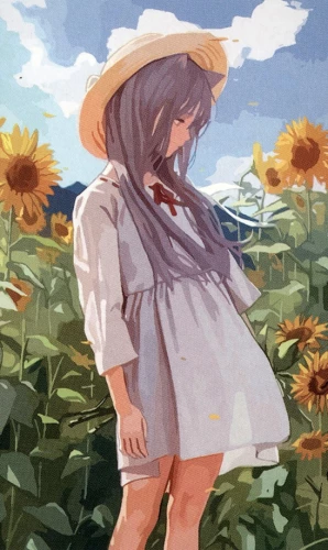 Coloring Picture by Numbers - Anime. In a Field of Sunflowers