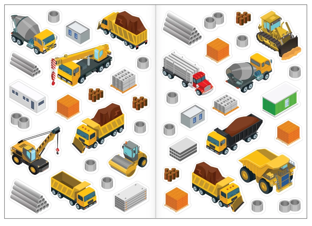 Accordion Book. Reusable Stickers. Construction Vehicles