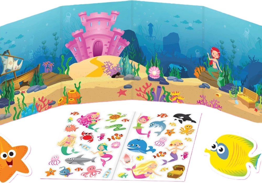 Fold-out Book. Reusable Stickers. Wonderful Mermaids