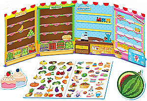 Fold-out book. Reusable stickers. Store