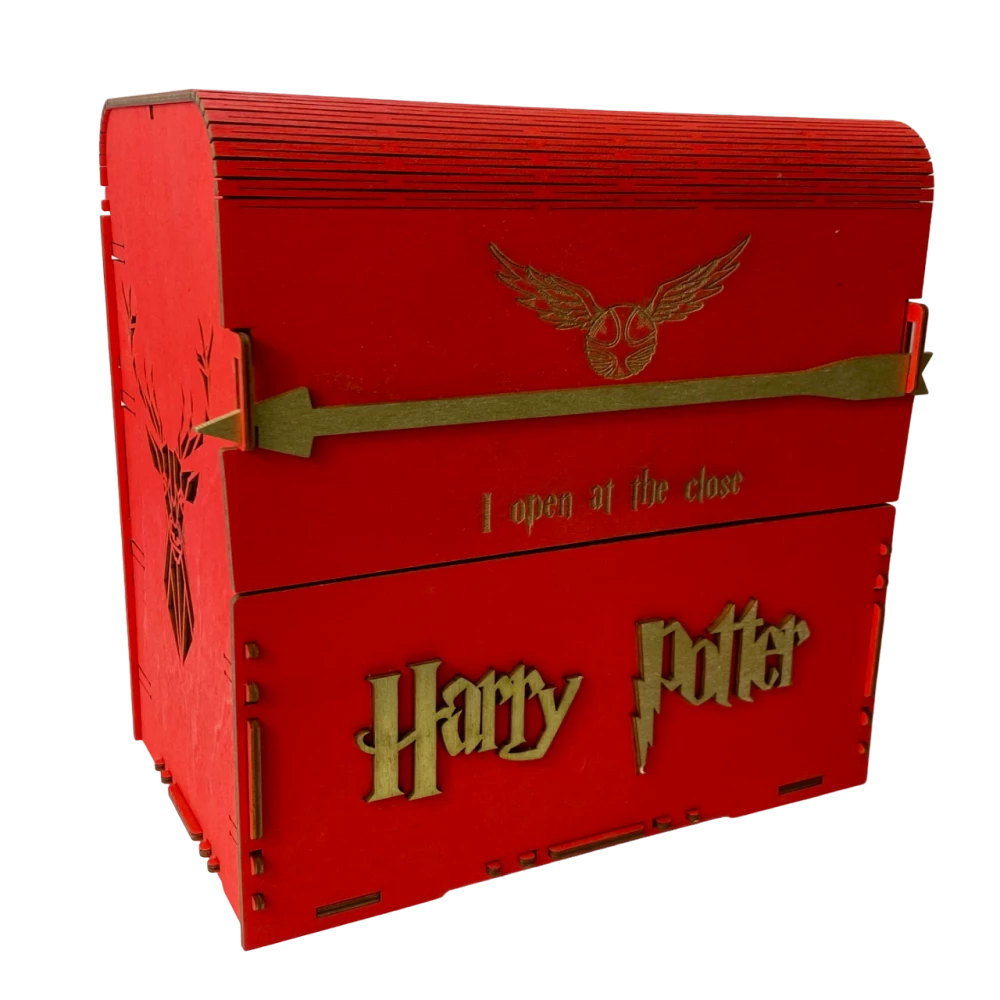 Red book set of Harry Potter in a wooden chest