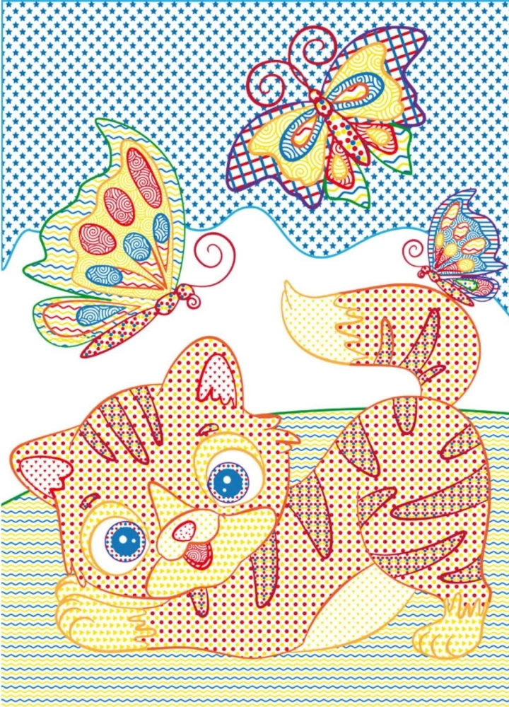 Large water coloring with colored outline. Kittens and puppies