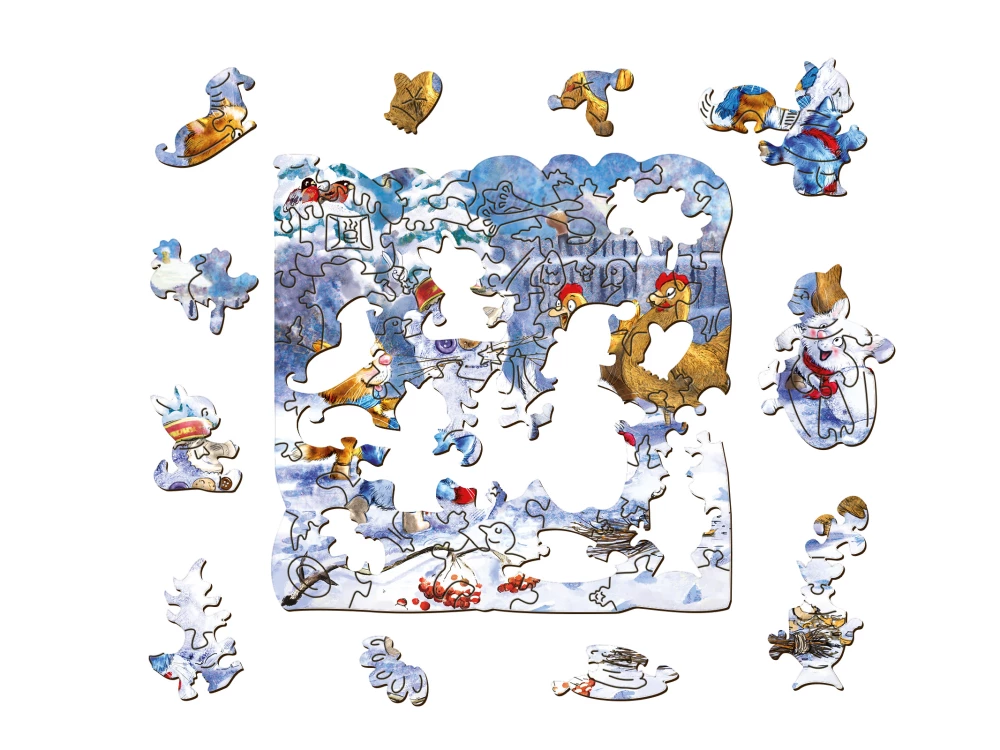 Shaped Wooden Puzzle - Blue Cats - Winter in Kotofeevka, 63 pieces