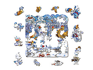 Shaped Wooden Puzzle - Blue Cats - Winter in Kotofeevka, 63 pieces