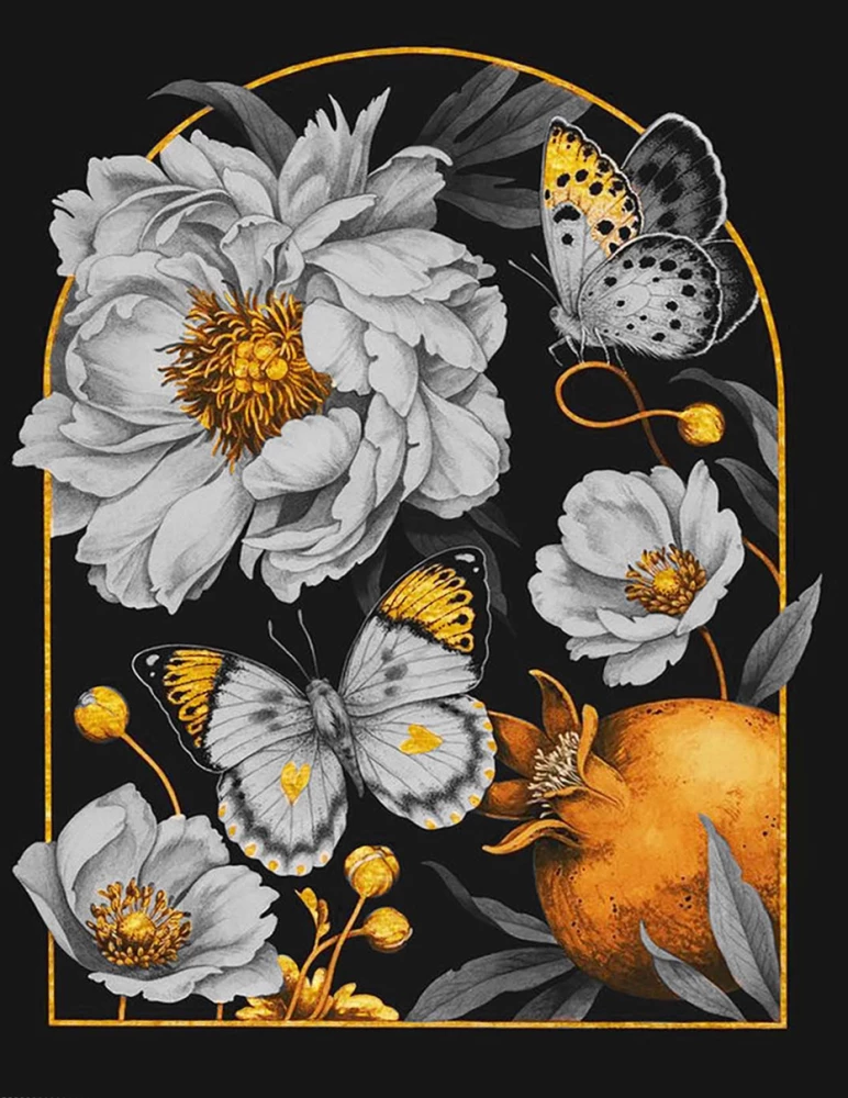 Painting by numbers with gold leaf - Black canvas. White flowers and butterflies